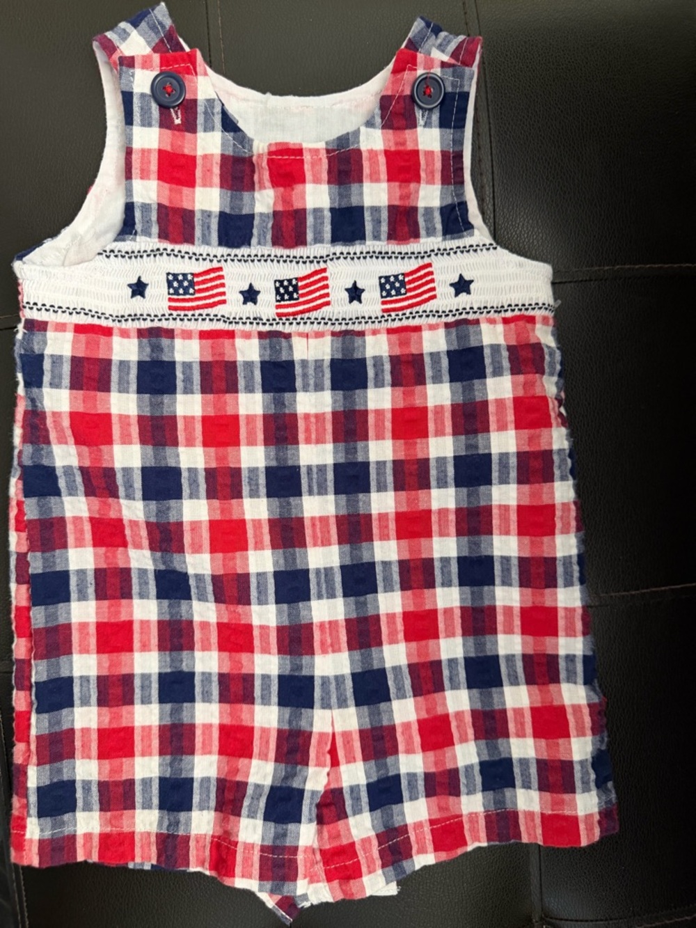 🇺🇸Goodlad Red and Navy Plaid Smocked American Flag Infant Romper 9month